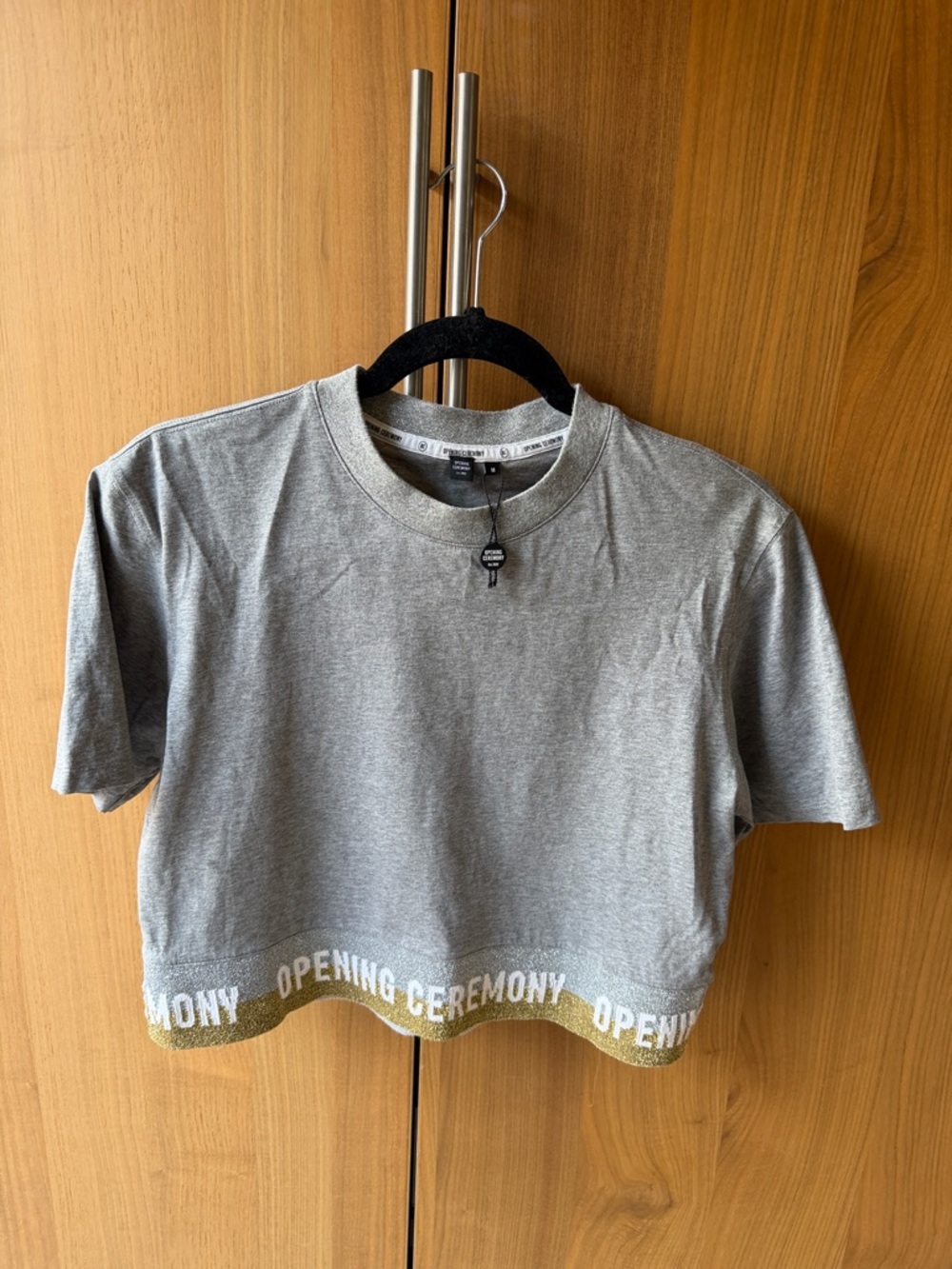 Opening Ceremony Gray Cropped Tee with Gold Hem Logo